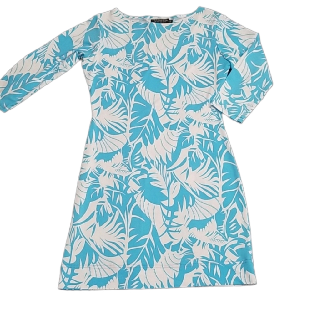Palm Beach Chic Tropical Print Shift Dress 3/4 sleeves , Resort style.  Size XS